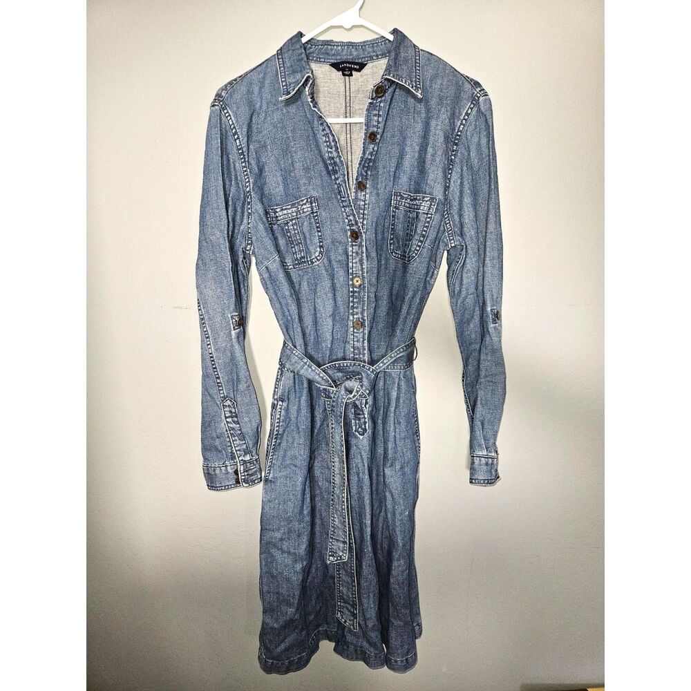 Lands' End Size12 Denim Shirtdress Long Sleeve Button Front Tie Waist Midi Blue